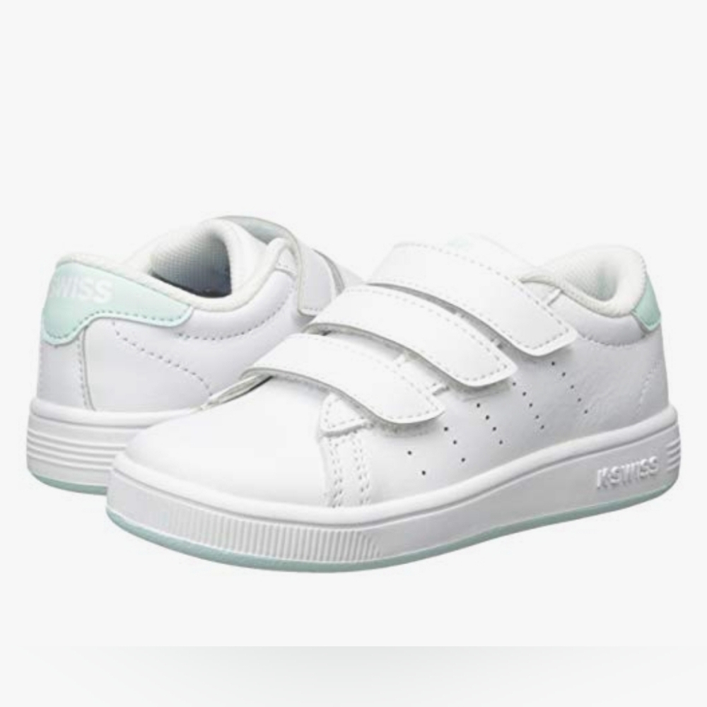 K-Swiss Kids' Clean Court 3-Strap Sneaker White and Mint Green Sz 2.5